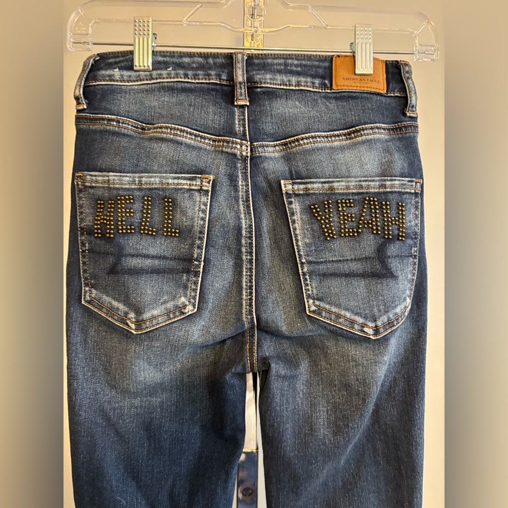 American Eagle Women's Jeans Stretch HELL YEAH Embroidery On Back Blue Denim‎ 2